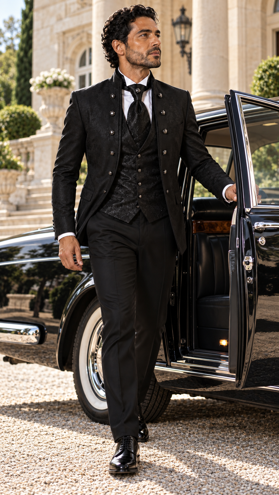 Midnight Orchestra Black Jacquard Three-Piece Tuxedo