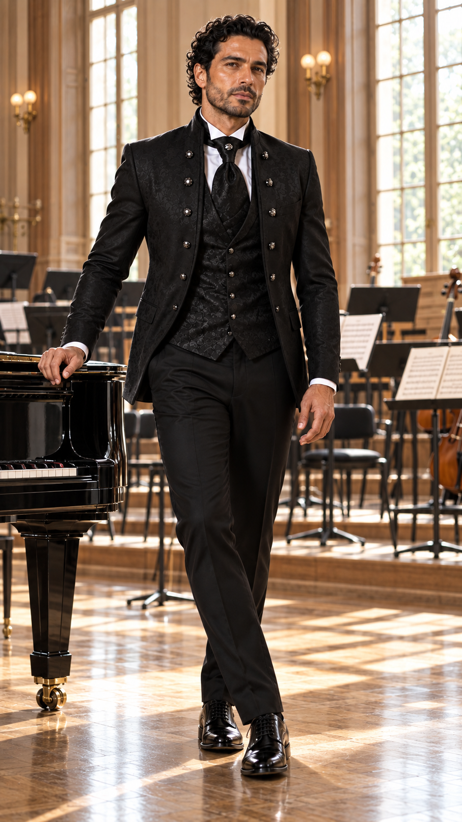 Midnight Orchestra Black Jacquard Three-Piece Tuxedo