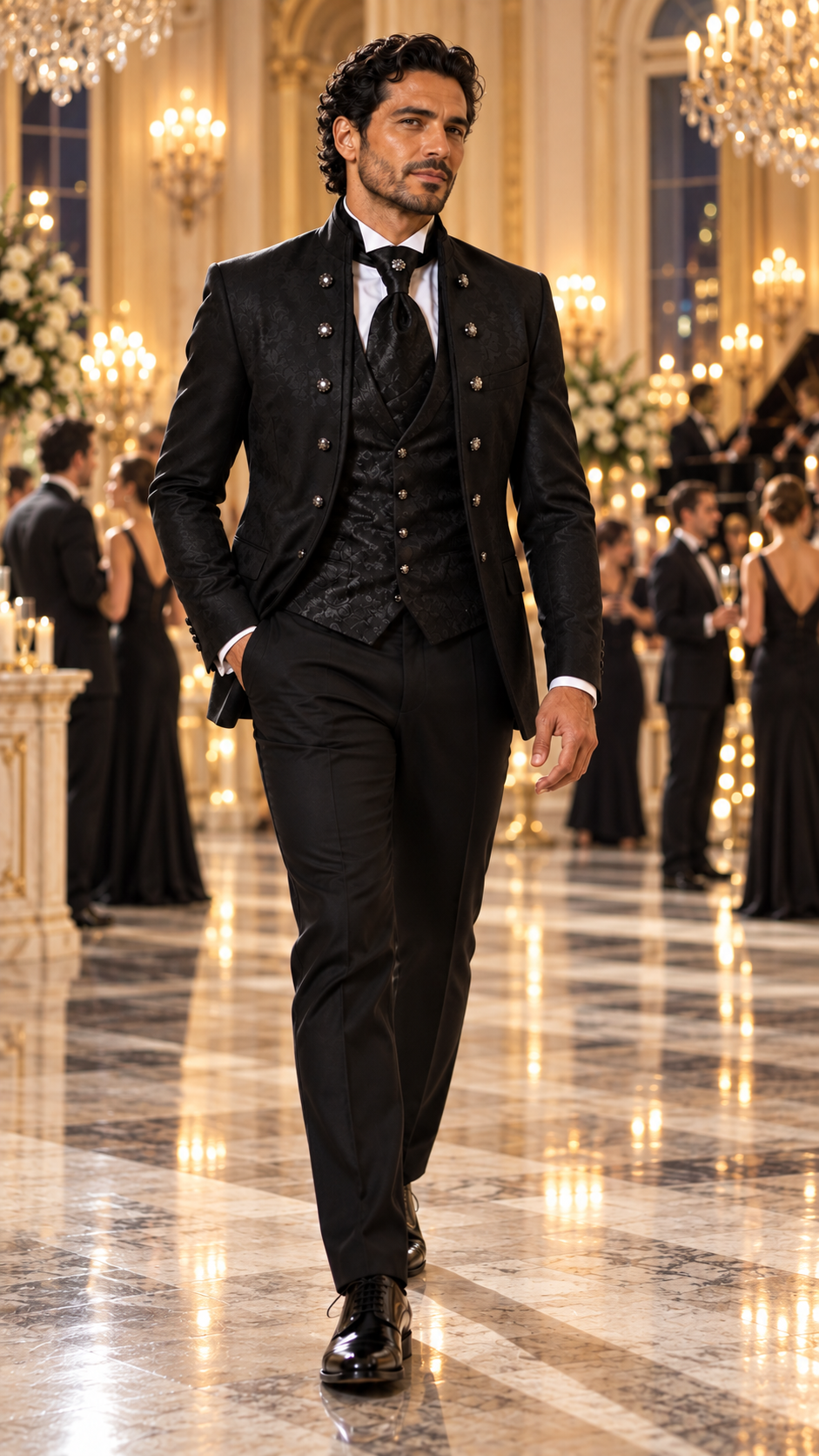 Midnight Orchestra Black Jacquard Three-Piece Tuxedo