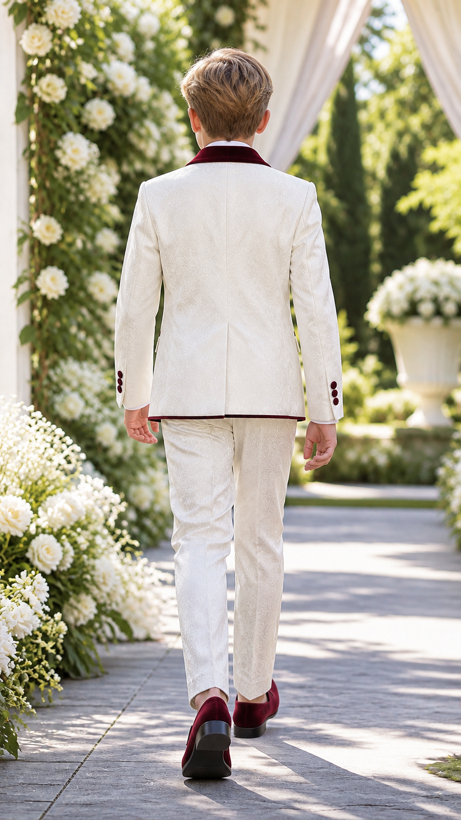 Boy's Ivory & Burgundy Jacquard Three-Piece Tuxedo
