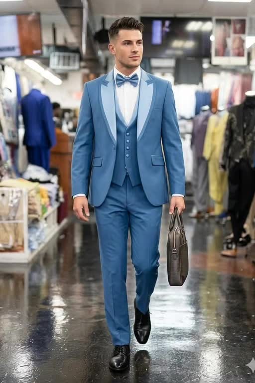 Royal Blue Satin-Lapel Three-Piece Suit