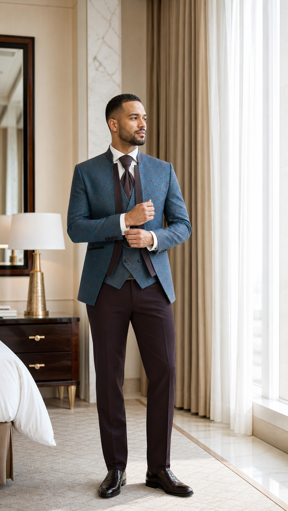 Teal Burgundy Paisley Three-Piece Tuxedo