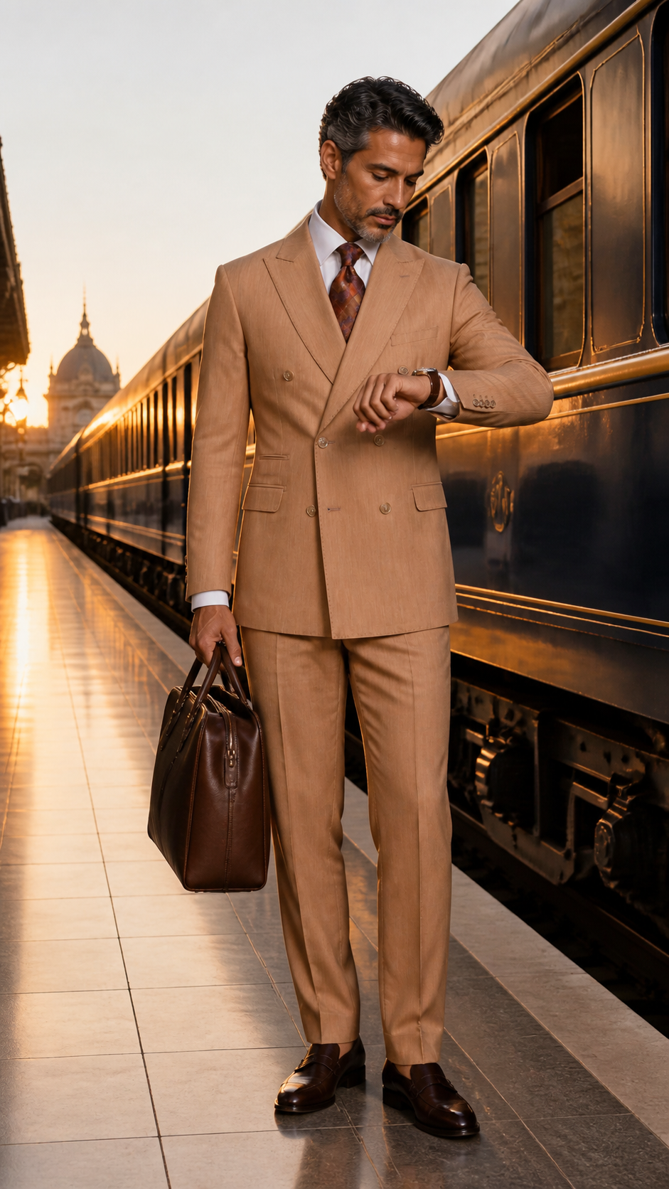 The Grand Passage Tan Double-Breasted Suit