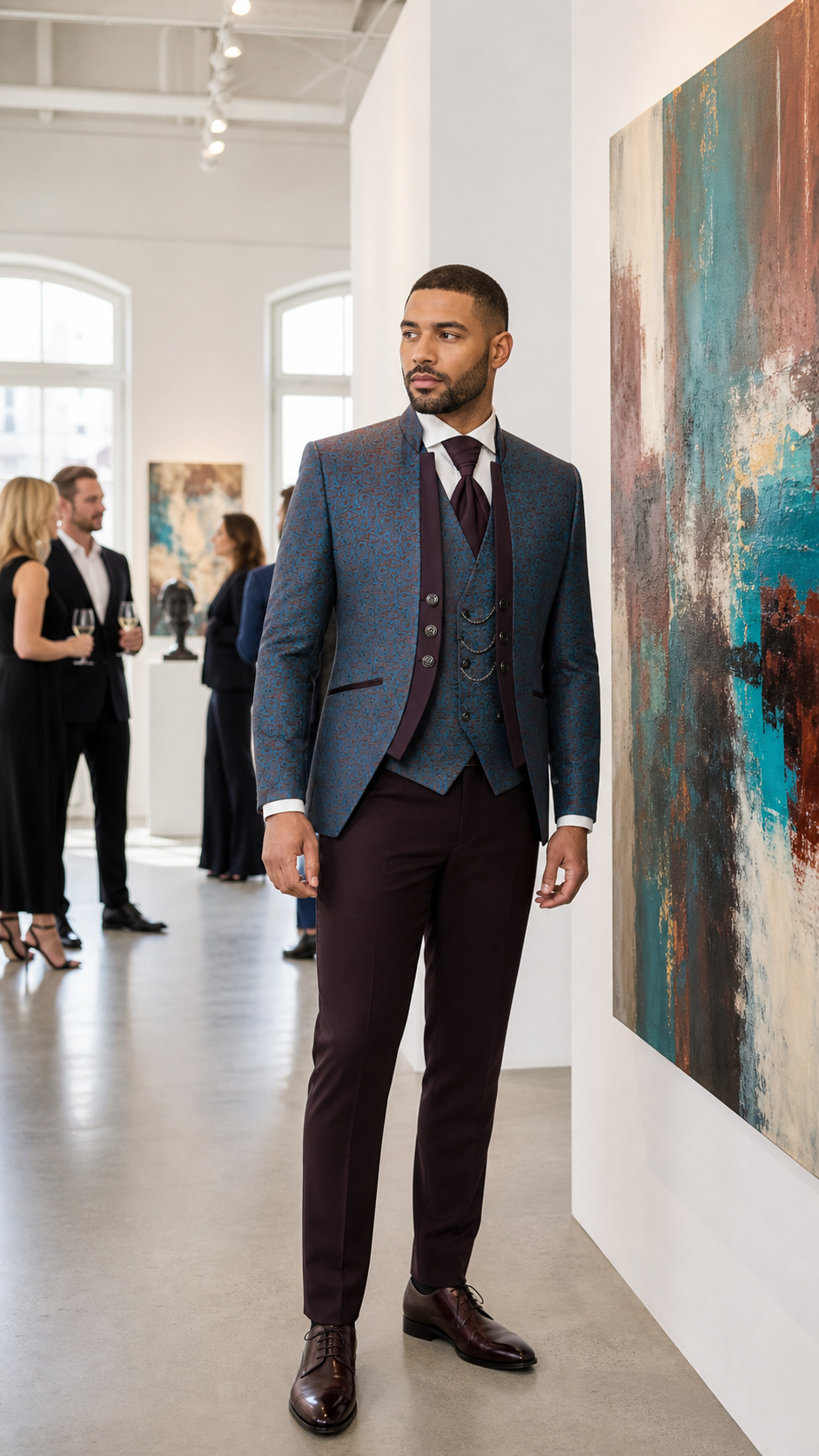 Teal Burgundy Paisley Three-Piece Tuxedo