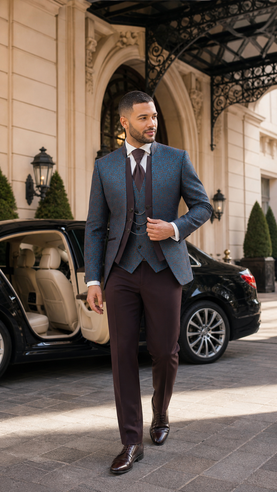 Teal Burgundy Paisley Three-Piece Tuxedo