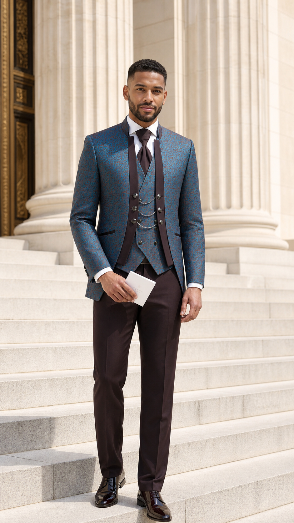 Teal Burgundy Paisley Three-Piece Tuxedo