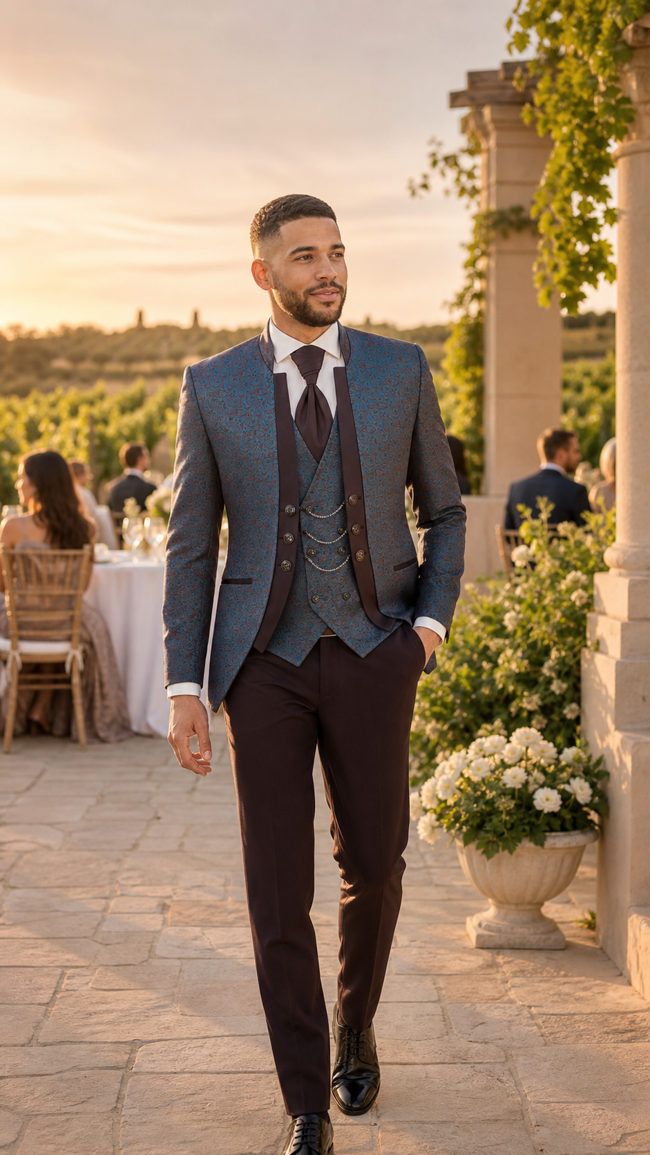 Teal Burgundy Paisley Three-Piece Tuxedo