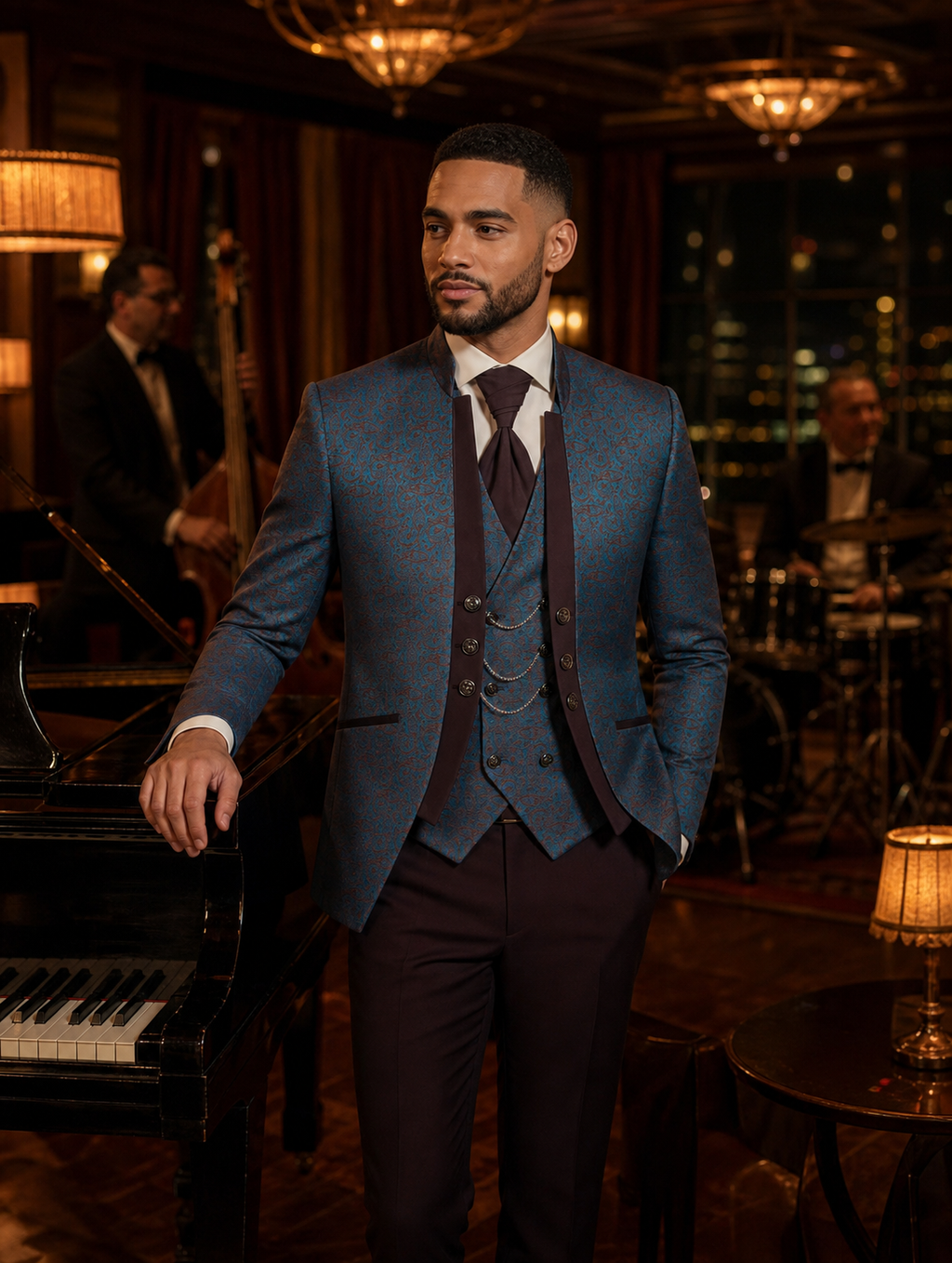Teal Burgundy Paisley Three-Piece Tuxedo