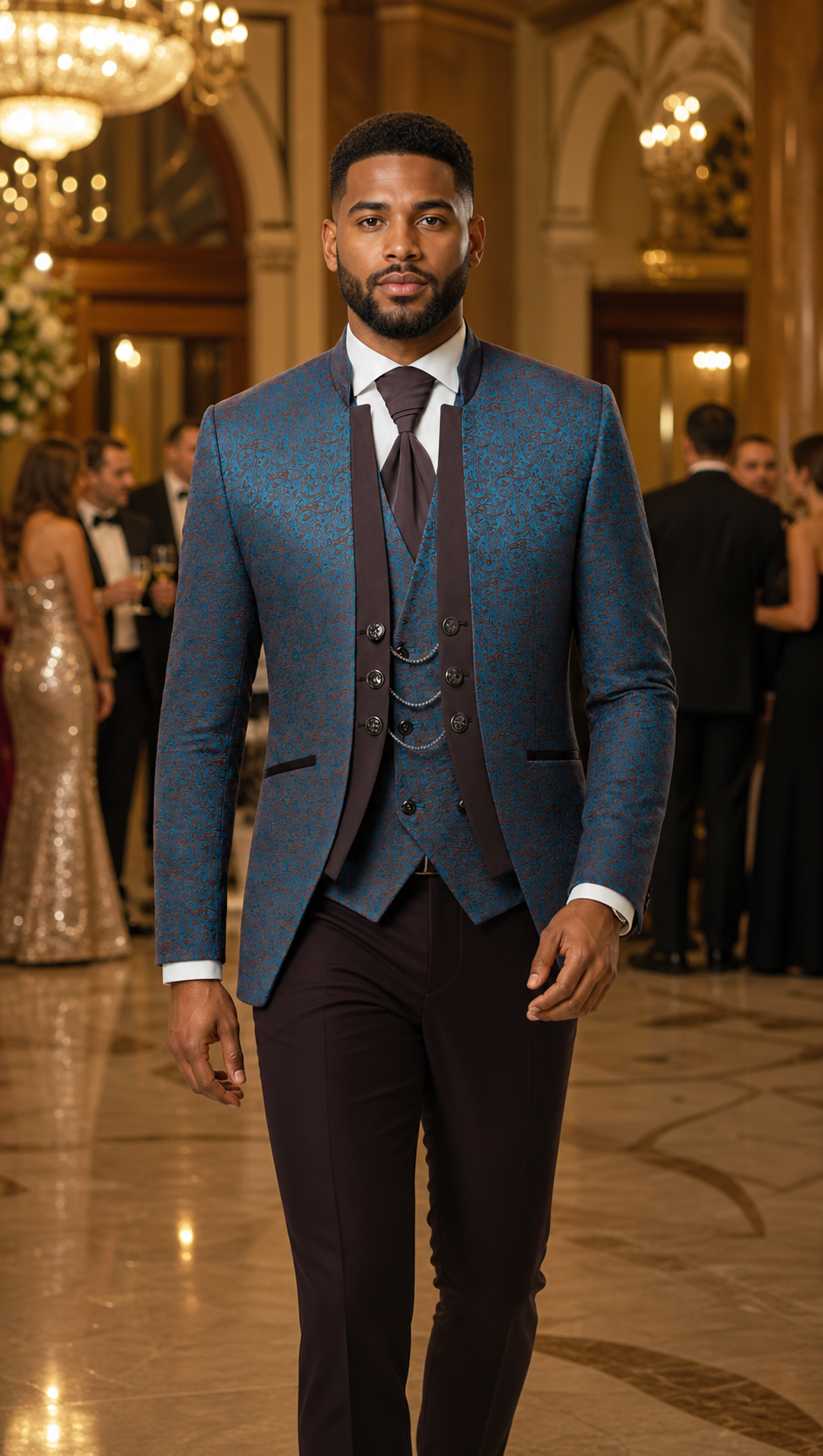 Teal Burgundy Paisley Three-Piece Tuxedo