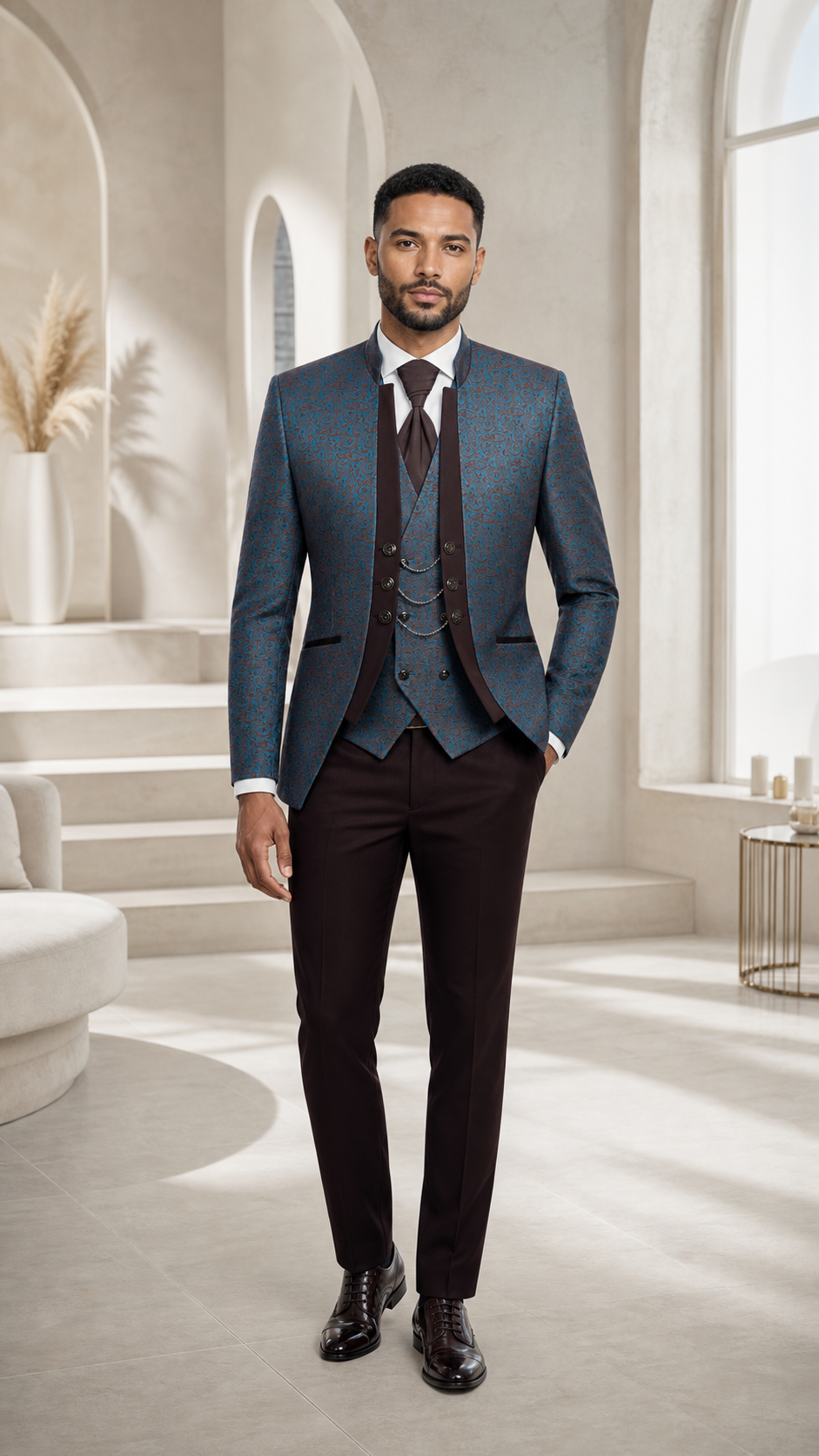 Teal Burgundy Paisley Three-Piece Tuxedo
