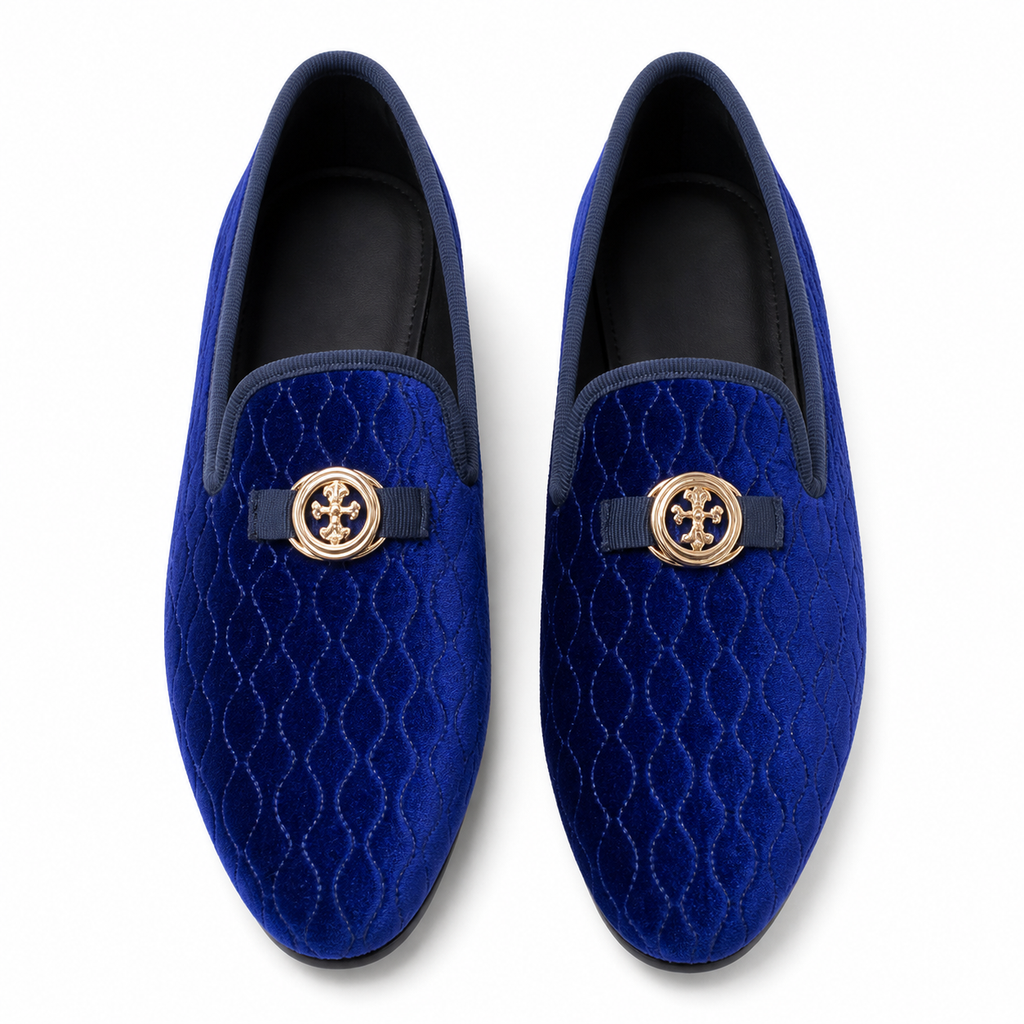 Stacy Adams Royal Blue Quilted Velvet Gold Medallion Loafer