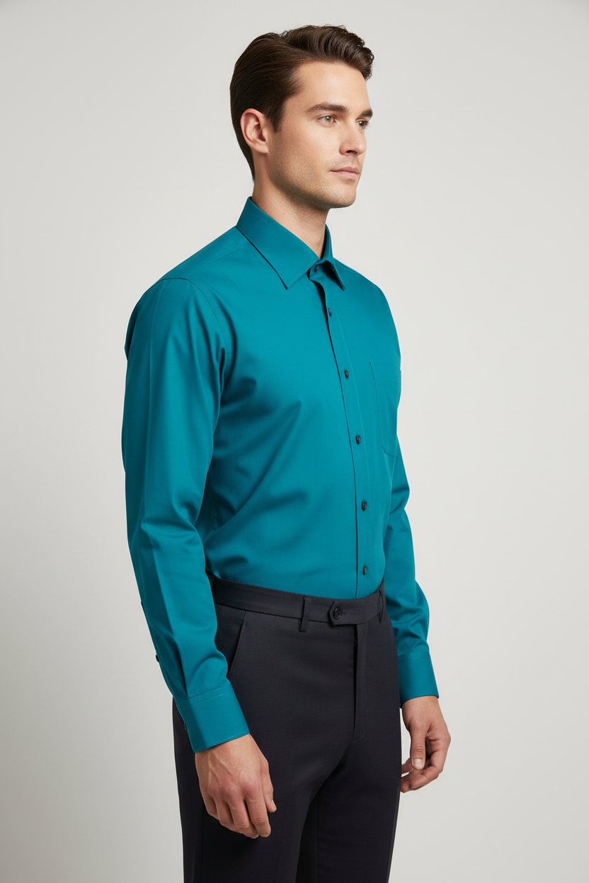 Adult male model wearing the Teal long sleeve dress shirt in side profile