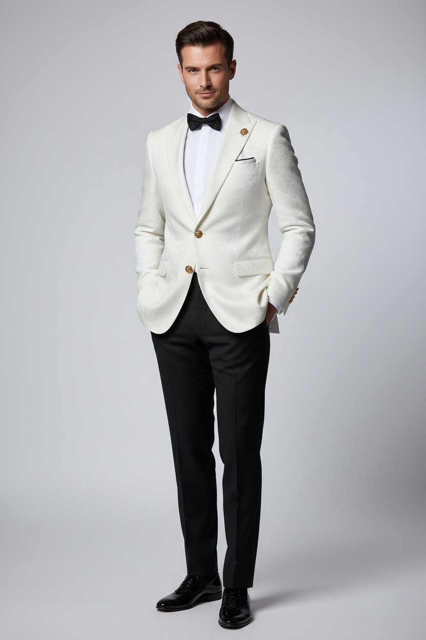 Model wearing white two-button blazer