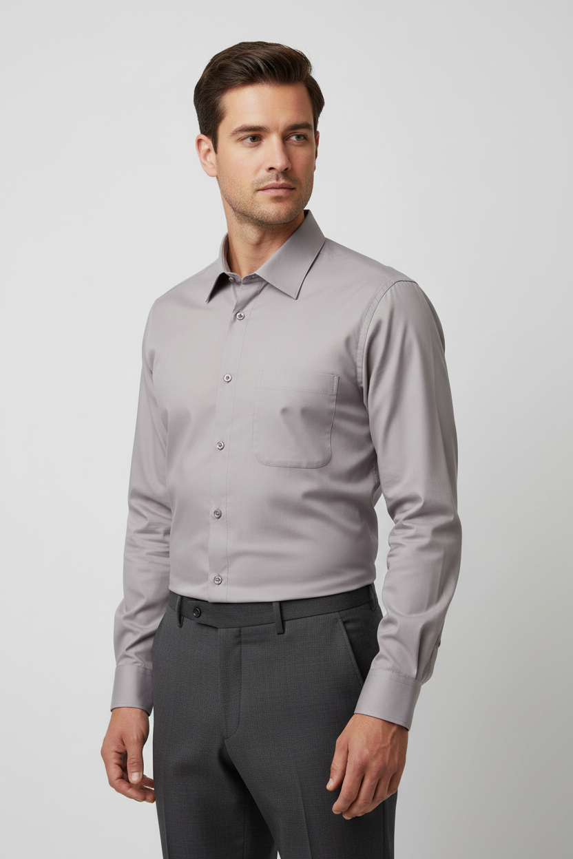 Adult male model wearing the Stone long sleeve dress shirt in a front three-quarter pose