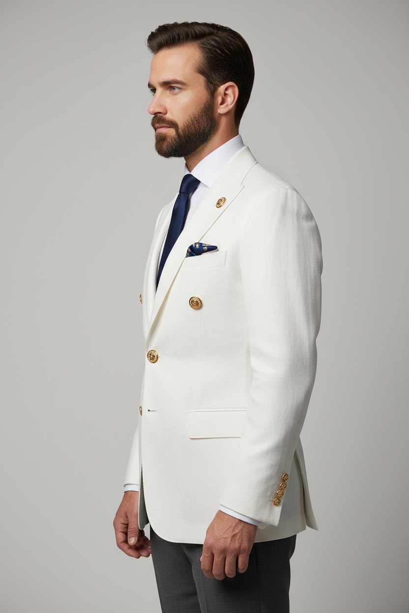 Model wearing white two-button blazer from the side