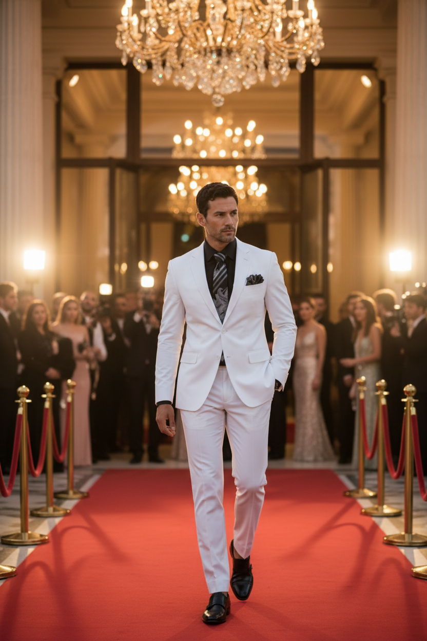 White two-piece suit on the same model in formal setting