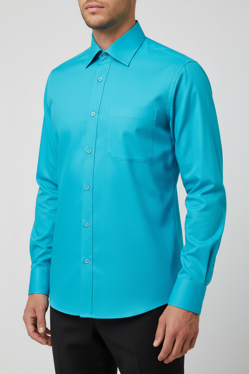 Man wearing a bright turquoise long sleeve dress shirt, front three-quarter view