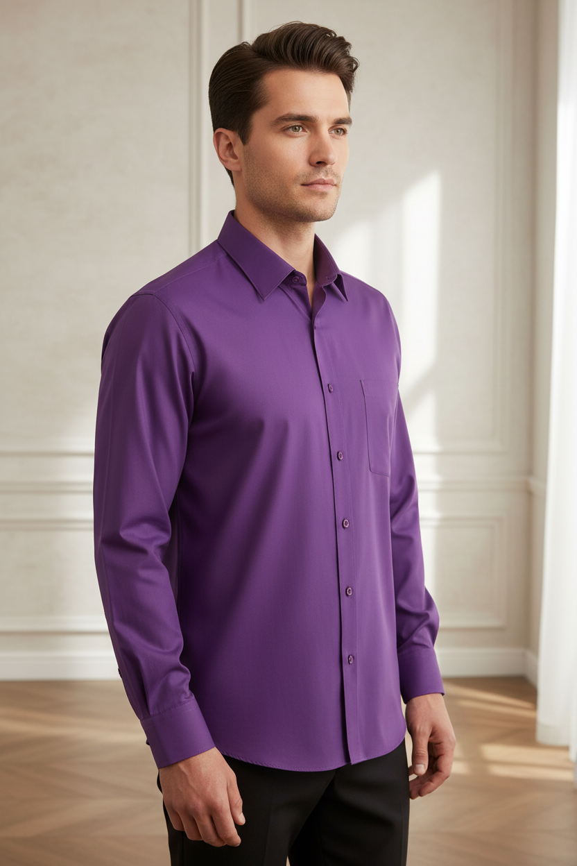 Man wearing a rich purple long sleeve dress shirt, side profile