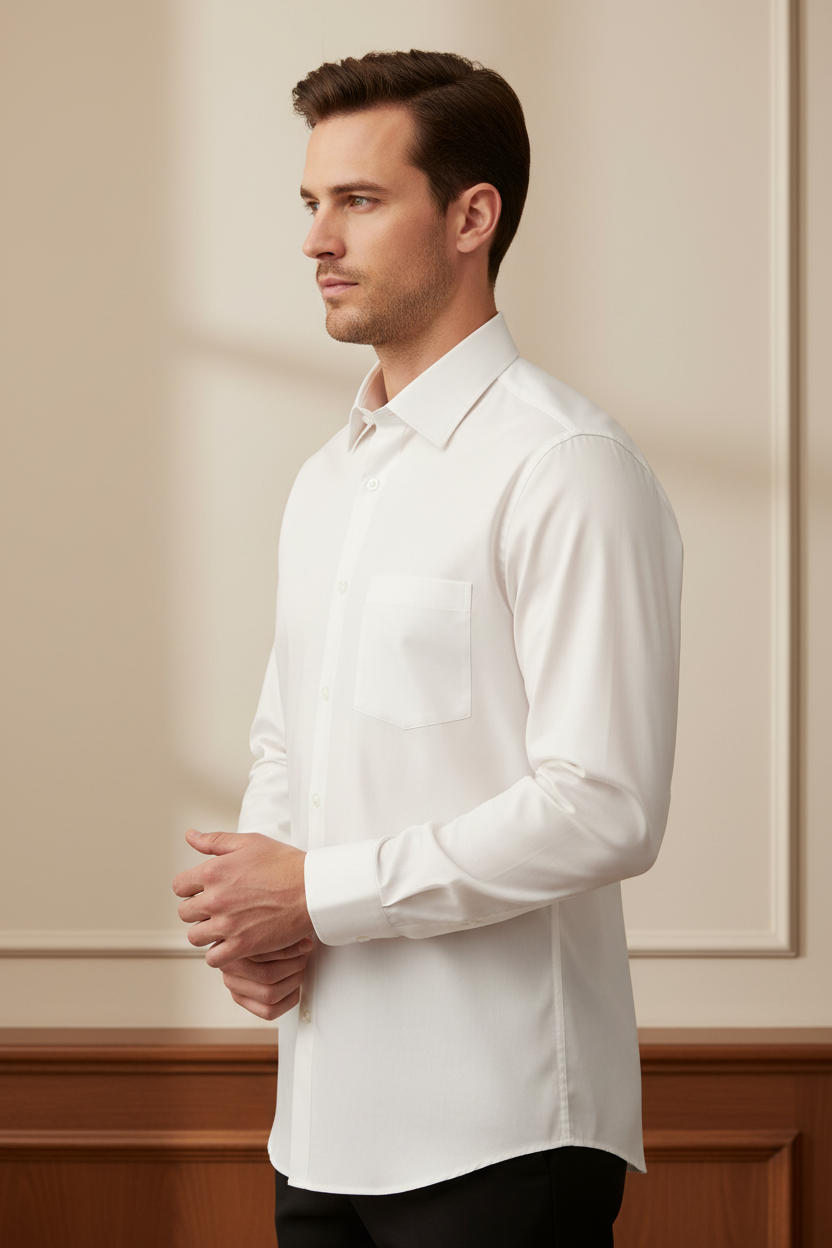 Man wearing a soft ivory white long sleeve dress shirt, side profile