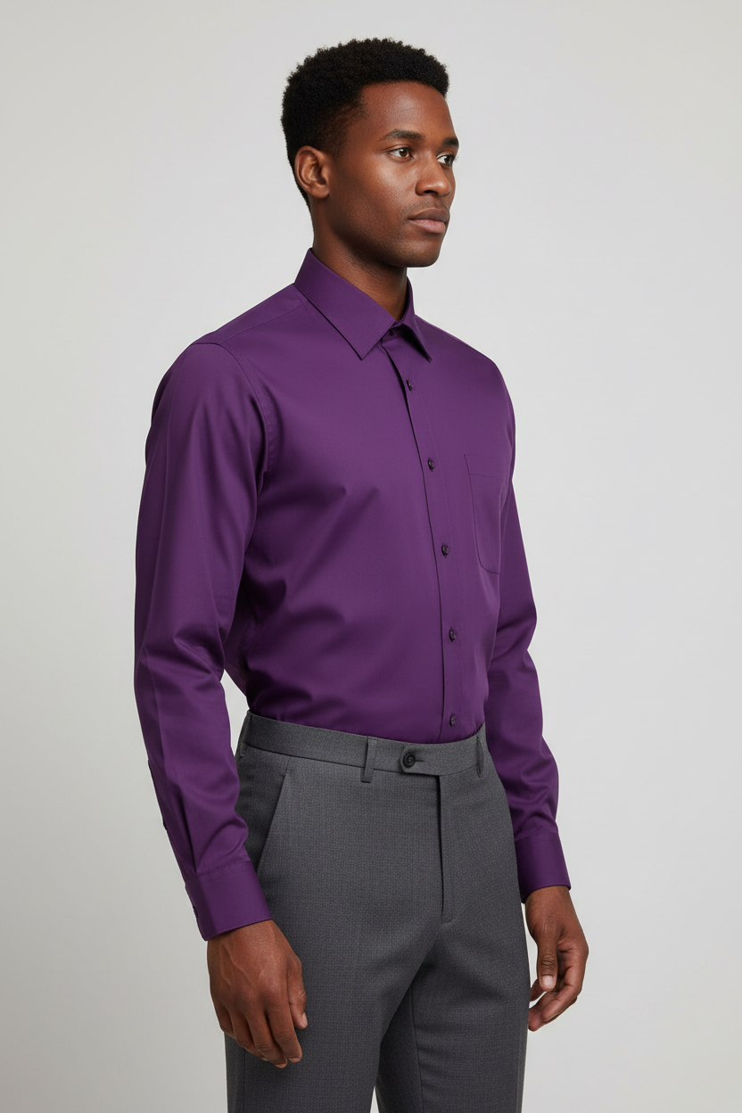 Adult male model wearing the Deep Purple long sleeve dress shirt in side profile