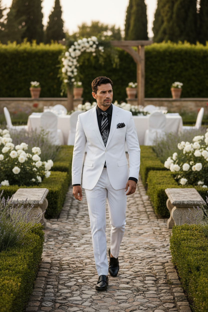 White two-piece suit on the same model in an elegant setting