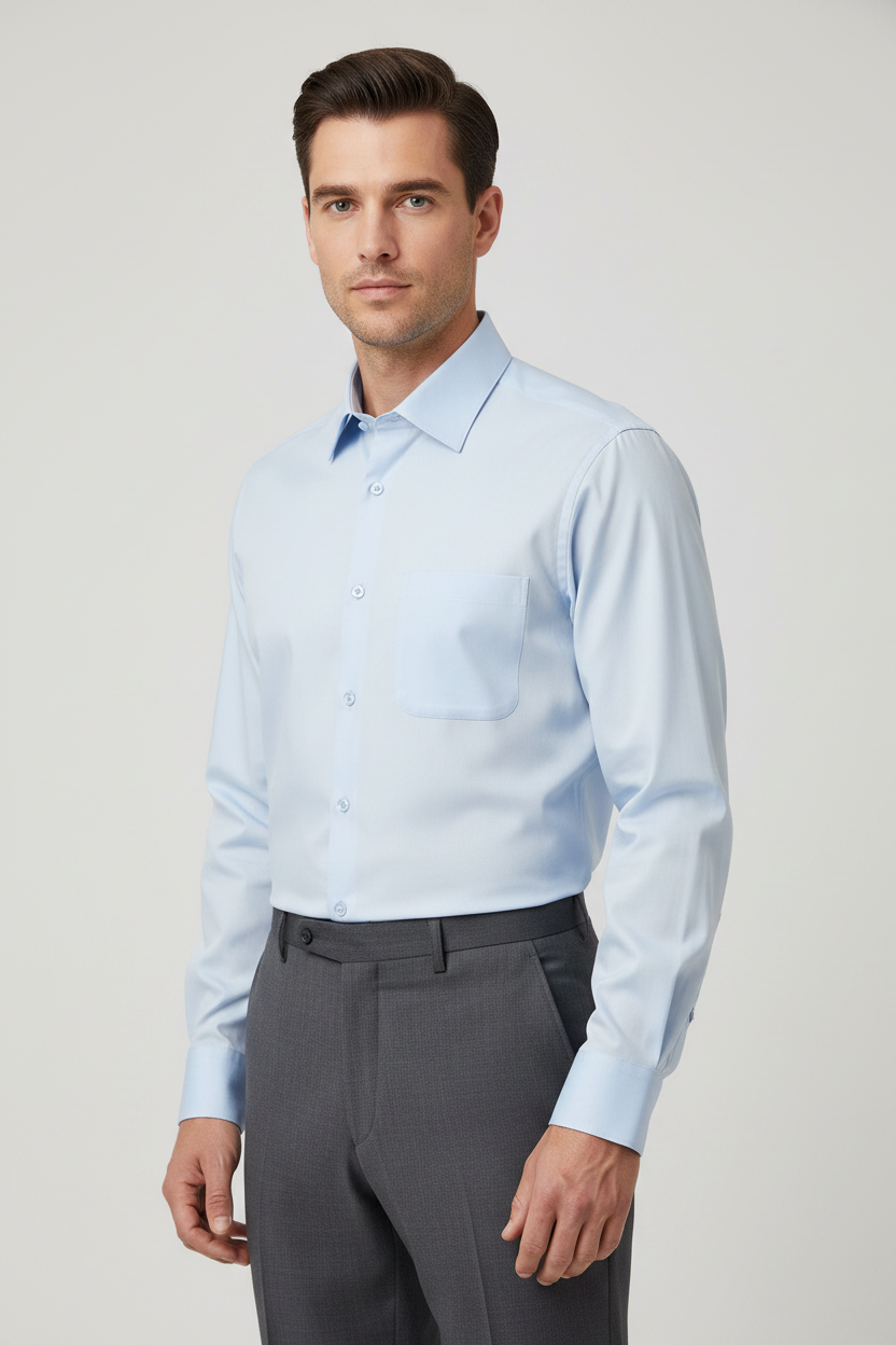 Adult male model wearing the Light Blue long sleeve dress shirt in a front three-quarter pose
