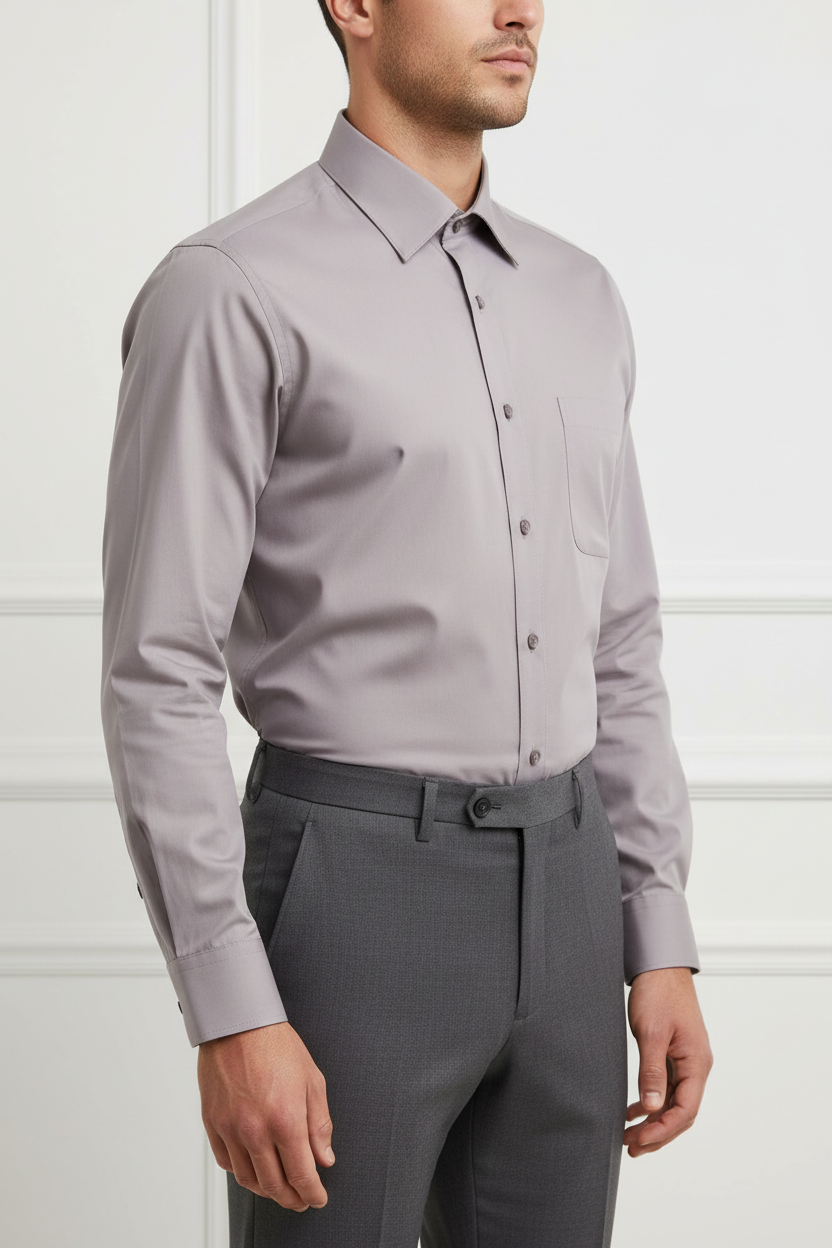 Adult male model wearing the Stone long sleeve dress shirt in side profile