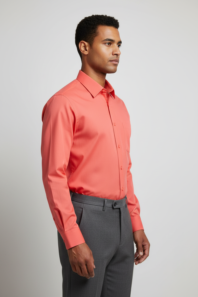 Adult male model wearing the Coral long sleeve dress shirt in side profile