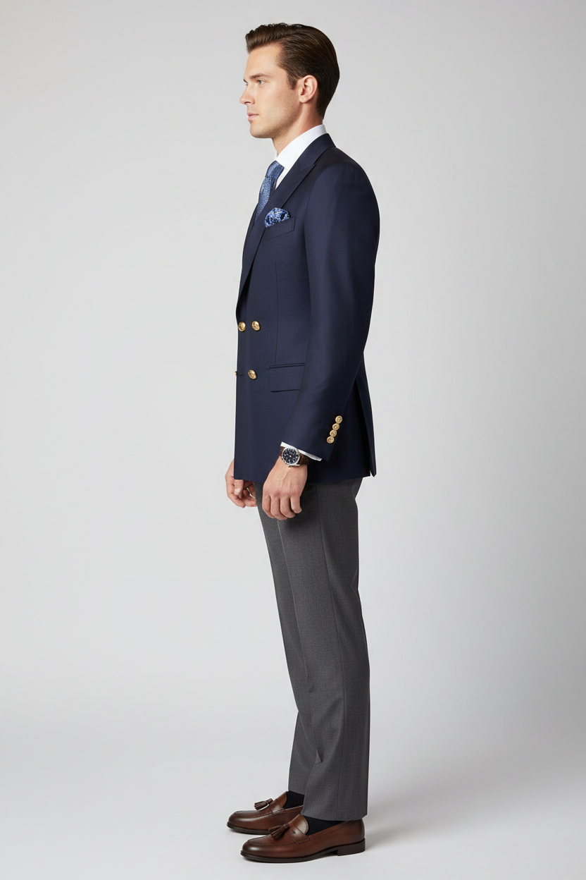 Model wearing navy two-button blazer from the side