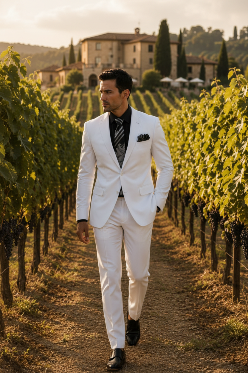 White two-piece suit on the same model with trousers visible