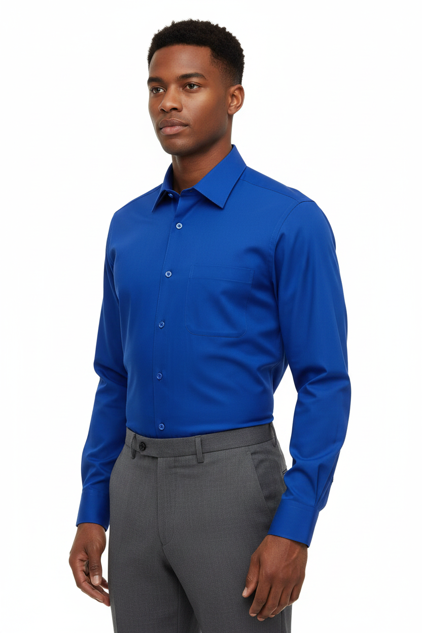 Adult male model wearing the Royal Blue long sleeve dress shirt in a front three-quarter pose