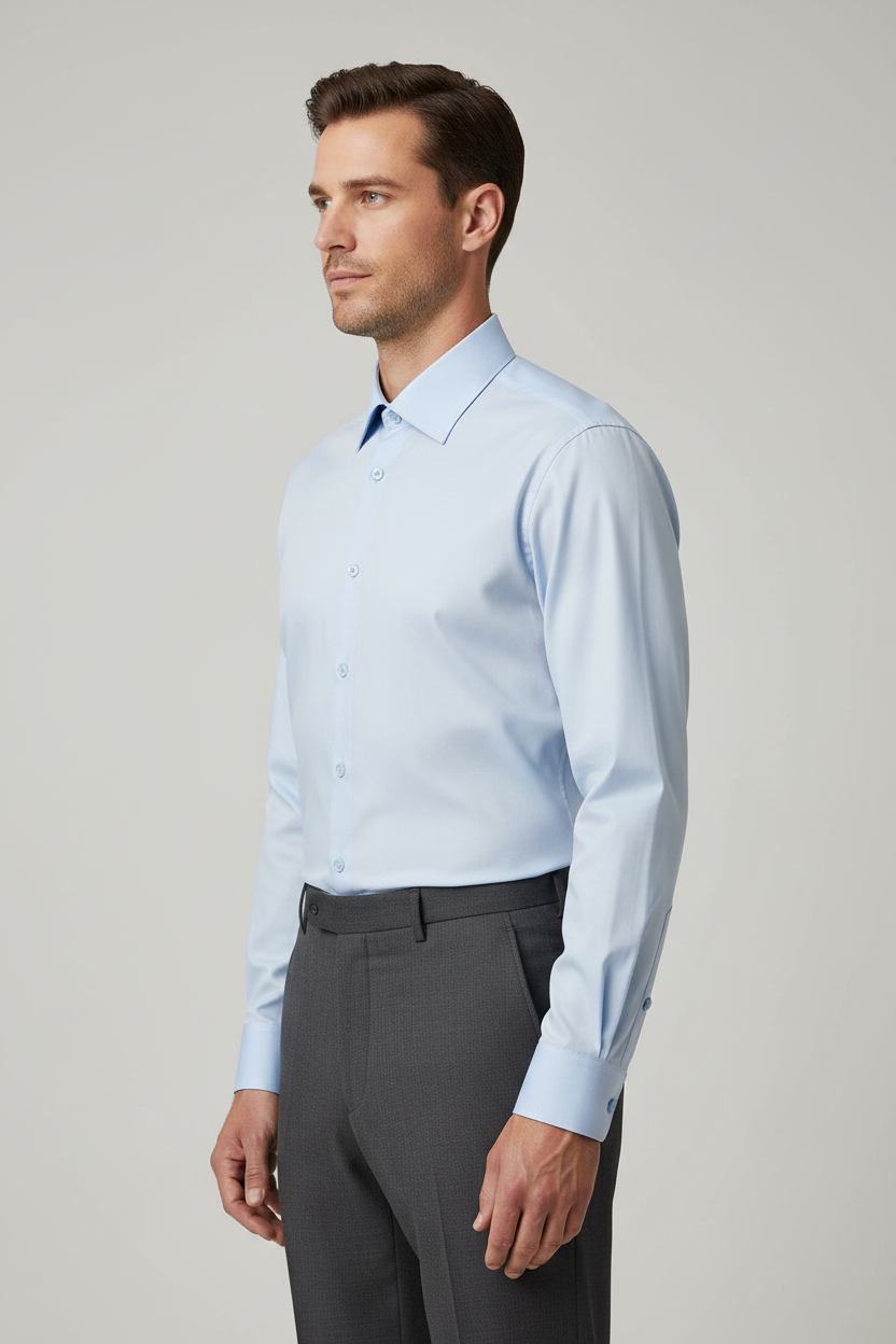 Adult male model wearing the Light Blue long sleeve dress shirt in side profile