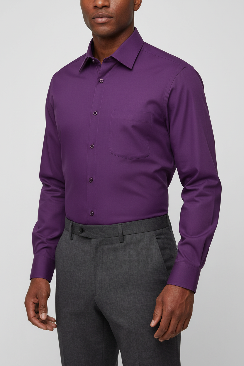 Adult male model wearing the Deep Purple long sleeve dress shirt in a front three-quarter pose