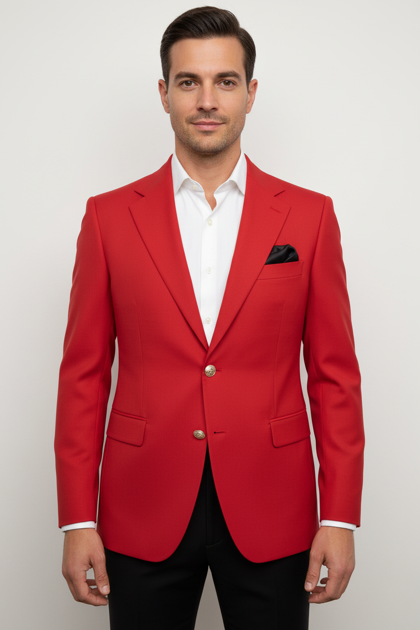 Model wearing red two-button blazer