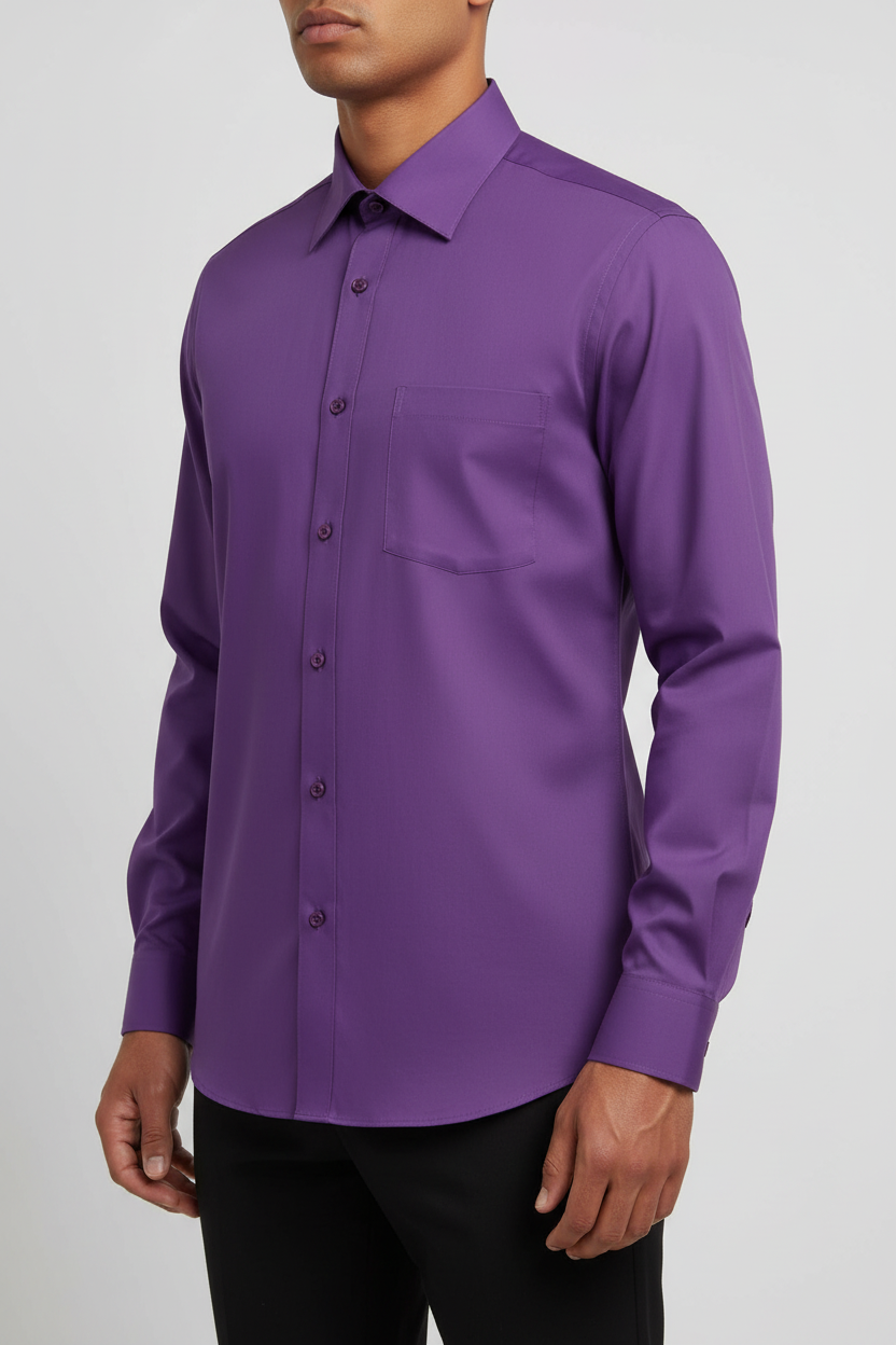 Man wearing a rich purple long sleeve dress shirt, front three-quarter view