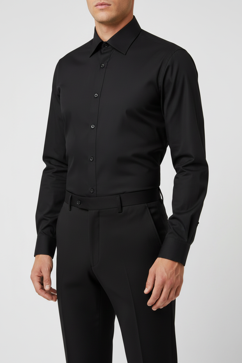 Adult male model wearing the Black long sleeve dress shirt in a front three-quarter pose