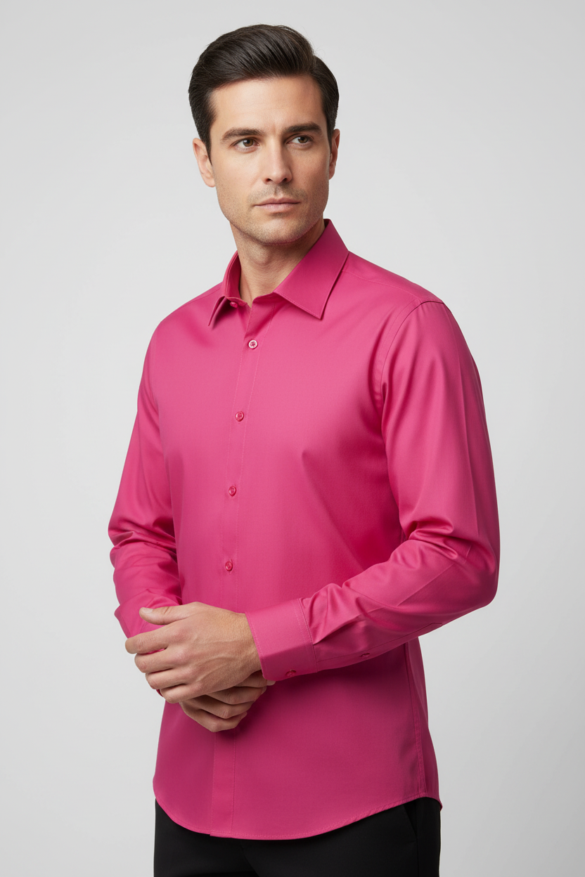 Man wearing a vivid fuchsia long sleeve dress shirt, front three-quarter view