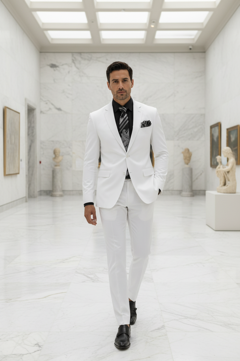White two-piece suit on the same model with full trousers visible