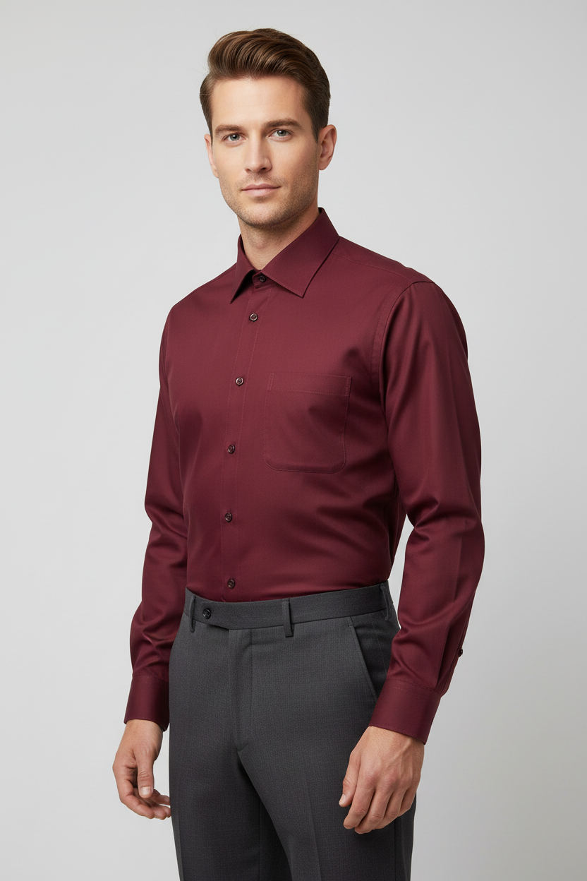 Adult male model wearing the Burgundy long sleeve dress shirt in a front three-quarter pose