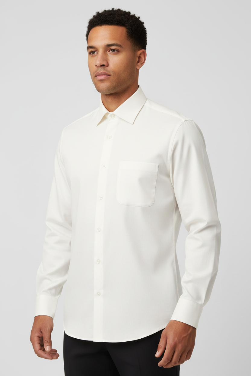 Man wearing a soft ivory white long sleeve dress shirt, front three-quarter view