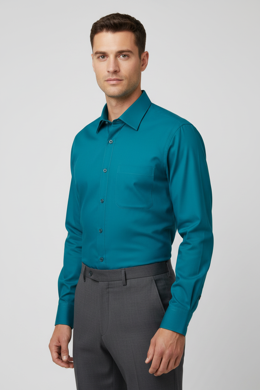 Adult male model wearing the Teal long sleeve dress shirt in a front three-quarter pose