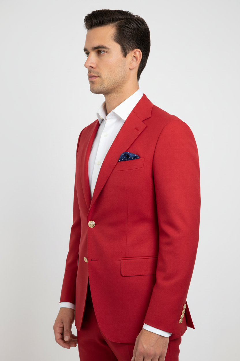 Model wearing red two-button blazer from the side
