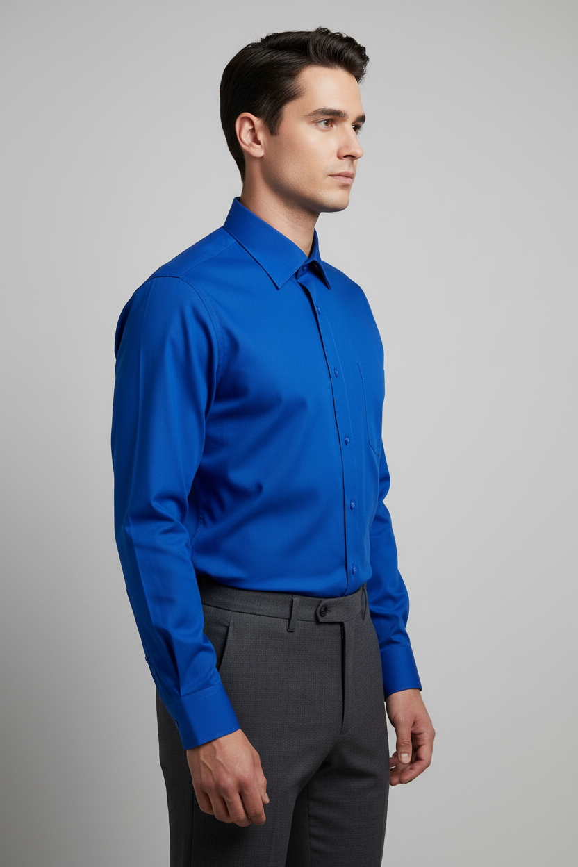 Adult male model wearing the Royal Blue long sleeve dress shirt in side profile