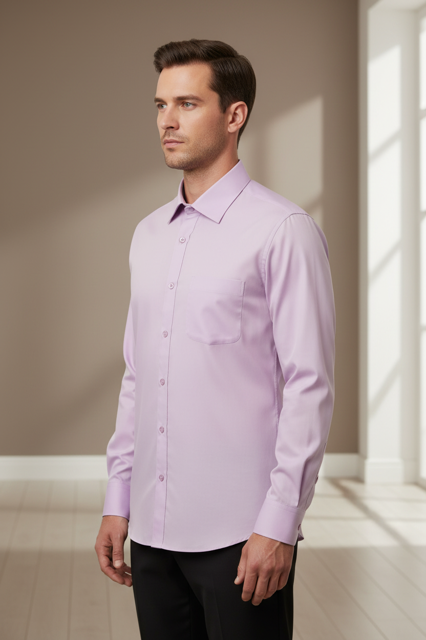 Man wearing a soft lavender long sleeve dress shirt, side profile