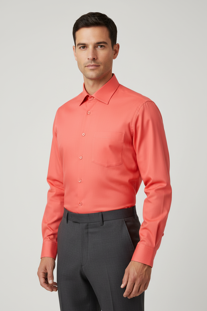 Adult male model wearing the Coral long sleeve dress shirt in a front three-quarter pose