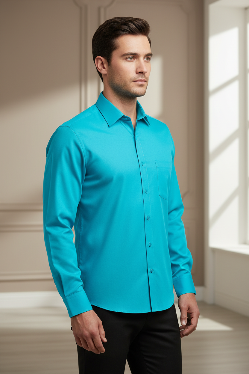 Man wearing a bright turquoise long sleeve dress shirt, side profile