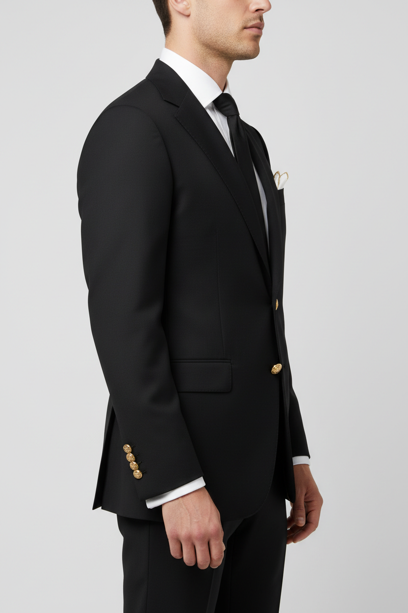 Model wearing black two-button blazer from the side