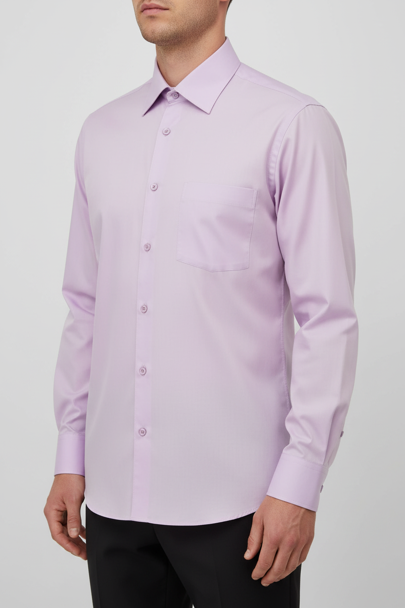 Man wearing a soft lavender long sleeve dress shirt, front three-quarter view