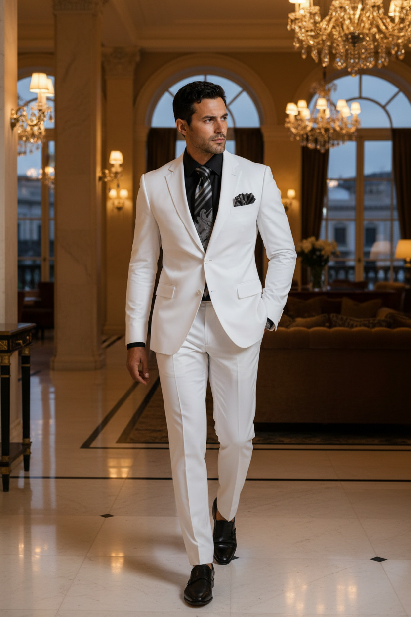 White two-piece suit on the same model with trousers visible