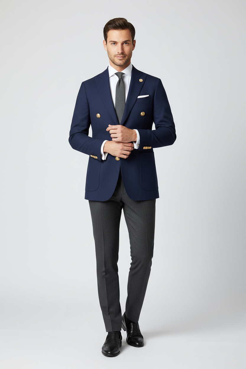 Model wearing navy two-button blazer